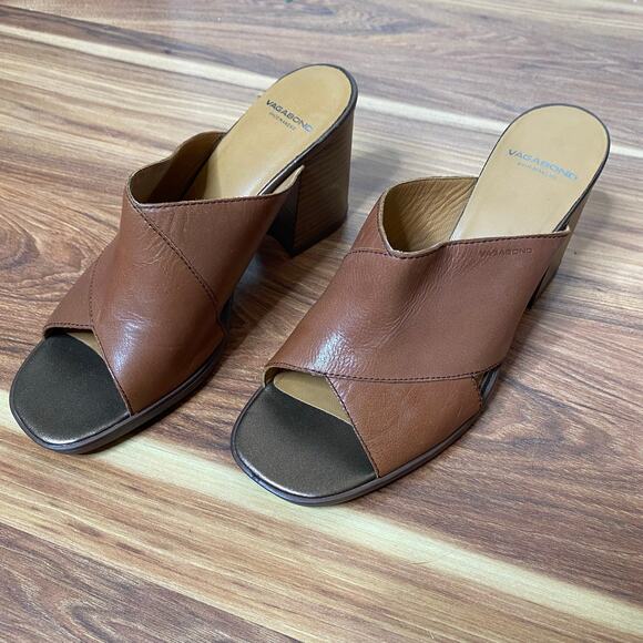 VAGABOND Brown Leather Cross Strap Block Heel Slide Sandals Size 9 - Picture 10 of 10